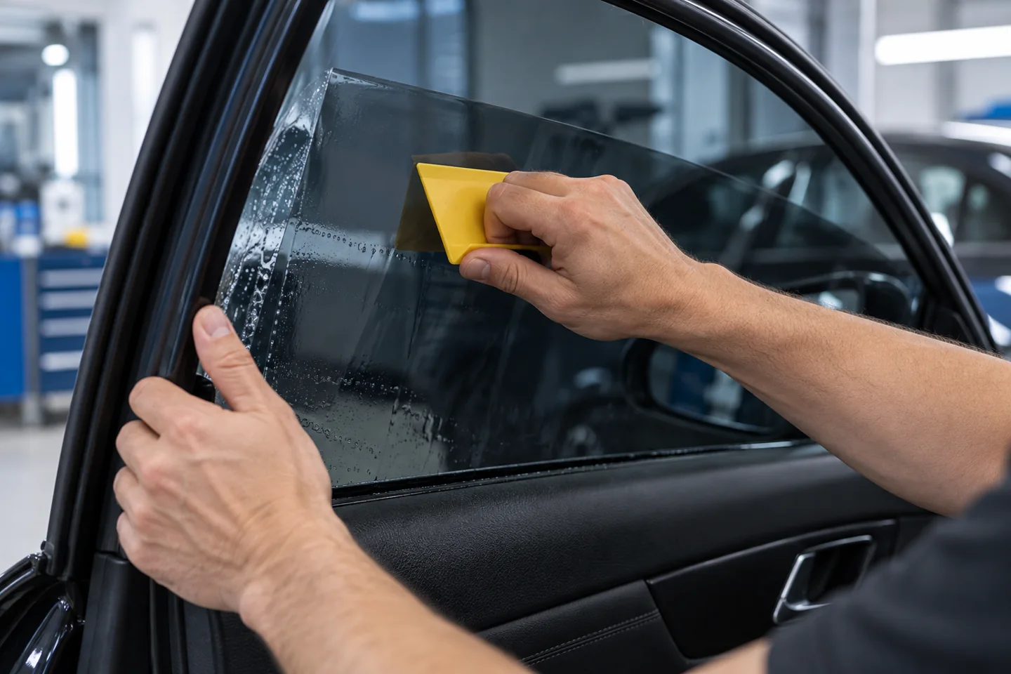 Illustrative close-up of automotive window film being applied