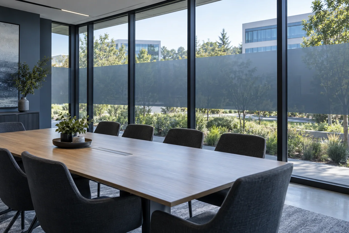 Illustrative office glazing with a privacy-film band